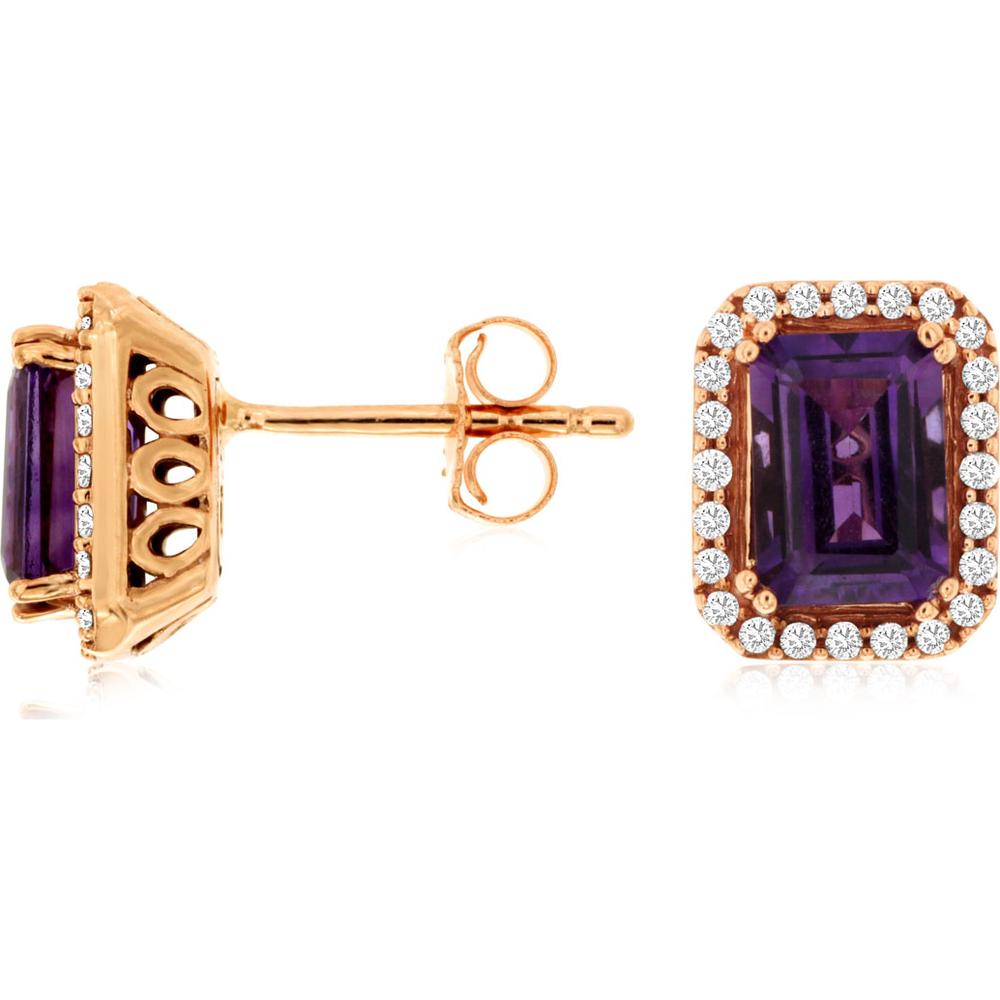 14K Rose Gold Amethyst and Diamond Halo Stud Earrings - 2.00 Carat Total Amethyst Weight and 0.20 Carat Total Diamond Weight - Royal Jewelry