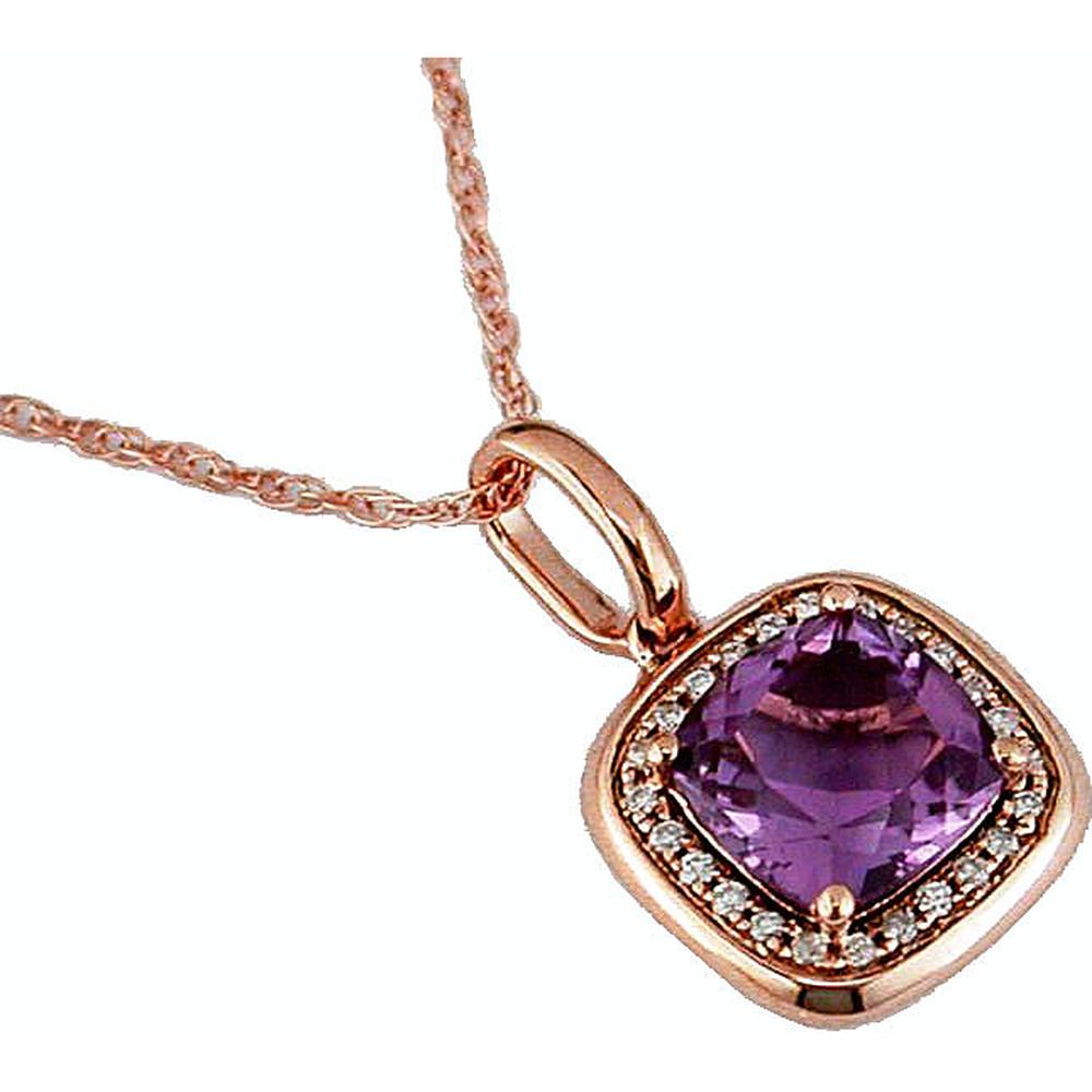 14K Rose Gold Amethyst & Diamond Pendant with Cushion Cut Amethyst - 1.45 Carats Amethyst & 0.08 Carats Total Diamond Weight