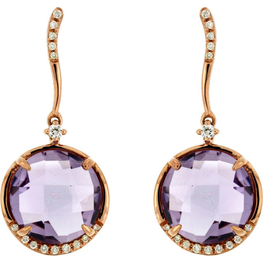 14K Rose Gold Amethyst Drop Earrings with Diamond Halo - 6.50 Carats Amethyst and 0.12 Carats Total Diamond Weight