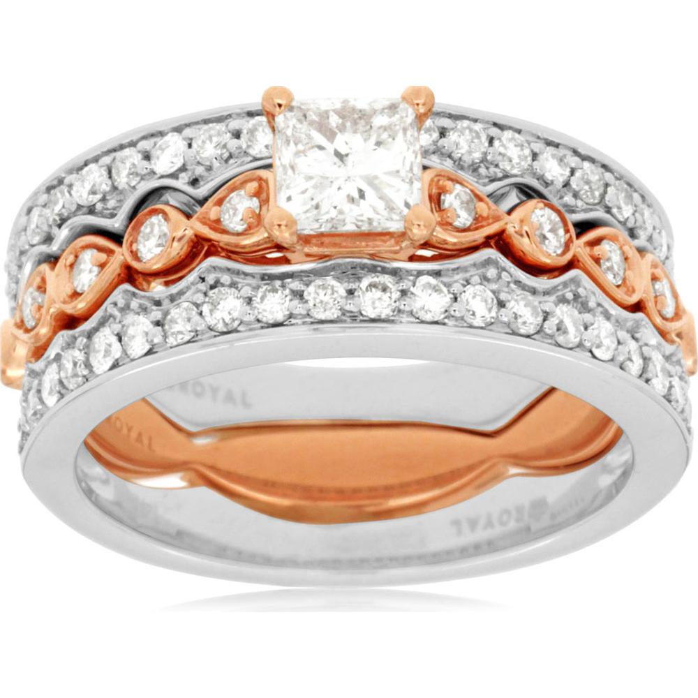 14K Rose Gold and White Gold Engagement and Wedding Band Set with Princess Cut Center Diamond and Round Diamond Accents - 1.15 Carat Total Diamond Weight - Royal Jewelry