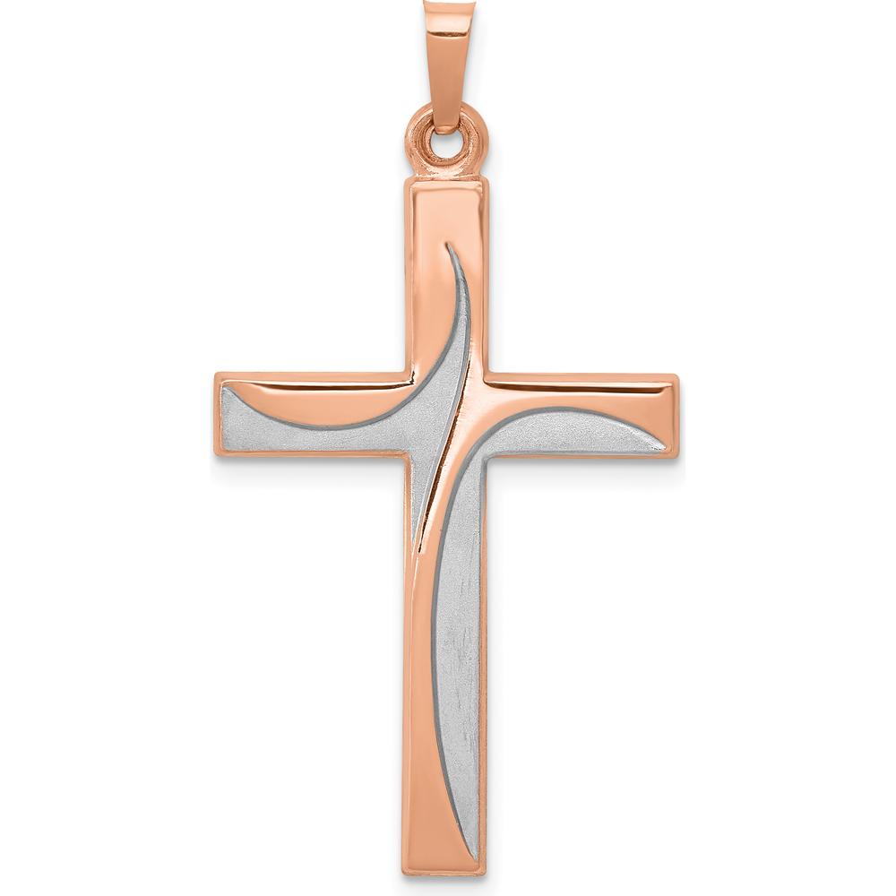 14K Rose Gold and White Rhodium Cross Pendant - Modern Design with Polished and Satin Finish by Oro Pregiato