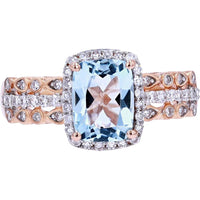 14K Rose Gold Aqua Gemstone Center Ring with Diamond Halo - 0.25 Carat Total Diamond Weight