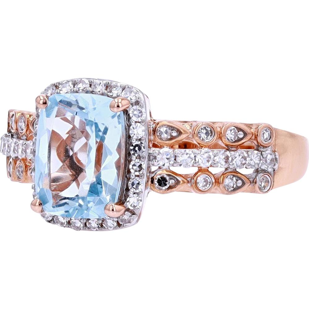 14K Rose Gold Aqua Gemstone Center Ring with Diamond Halo - 0.25 Carat Total Diamond Weight