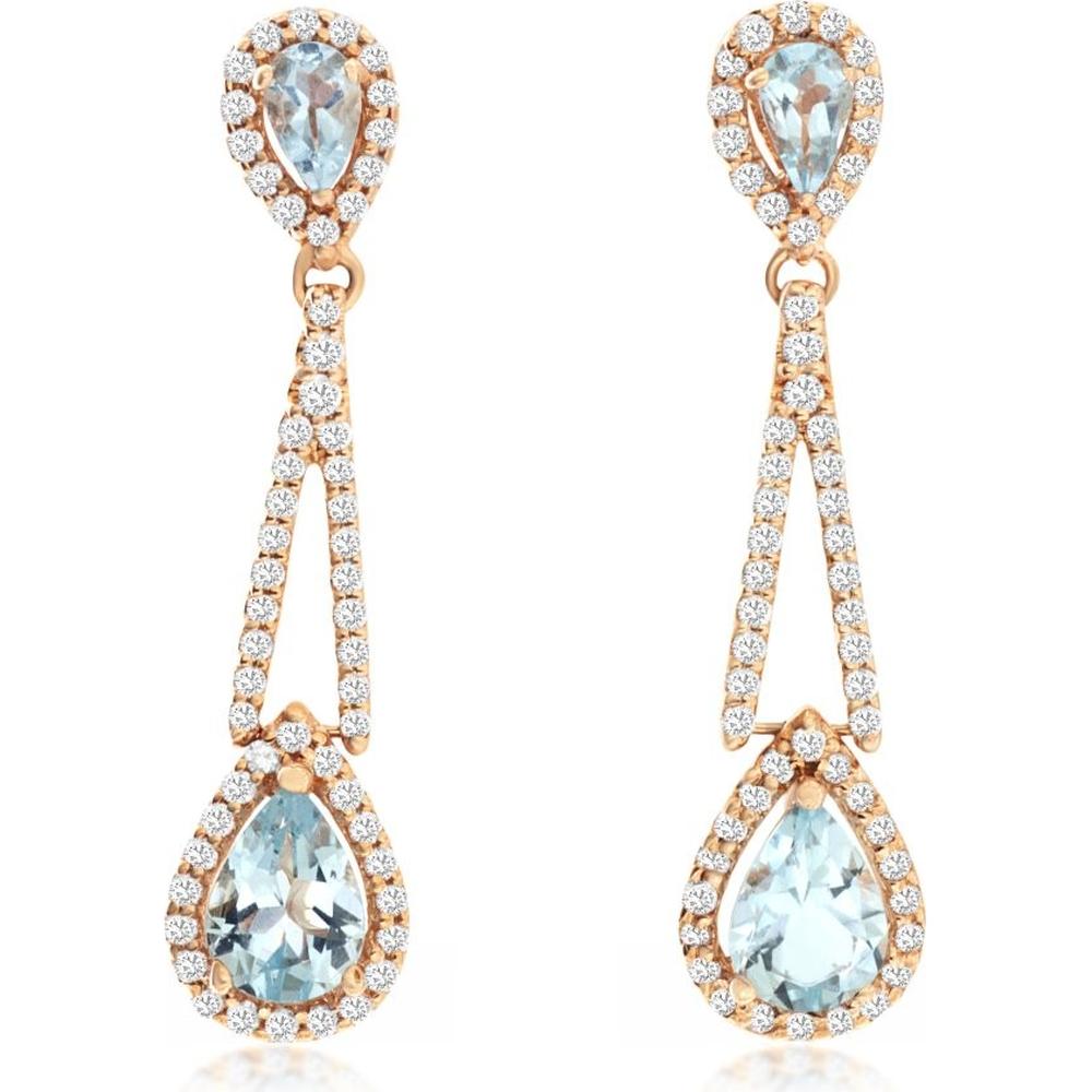 14K Rose Gold Aquamarine & Diamond Drop Earrings - 1.40 Carats Aquamarine, 0.66 Carats Total Diamond Weight