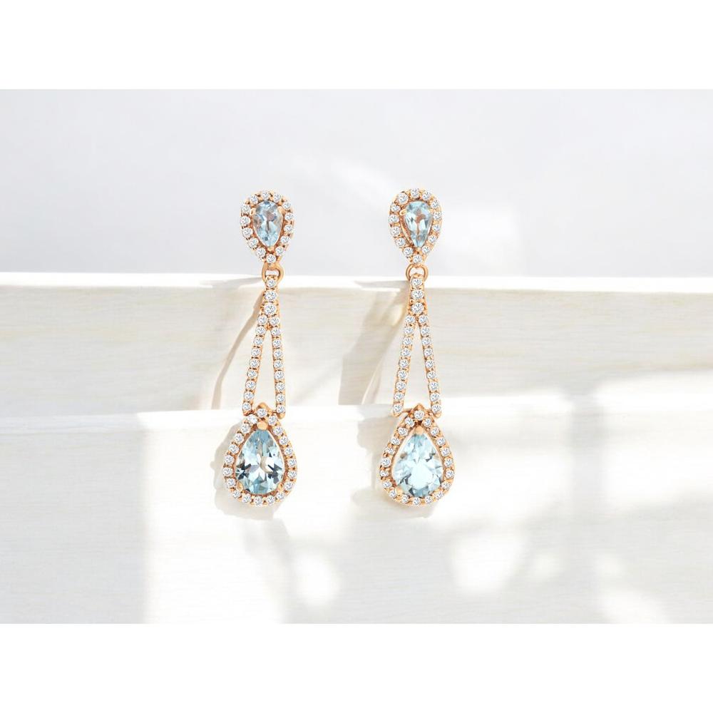 14K Rose Gold Aquamarine & Diamond Drop Earrings - 1.40 Carats Aquamarine, 0.66 Carats Total Diamond Weight
