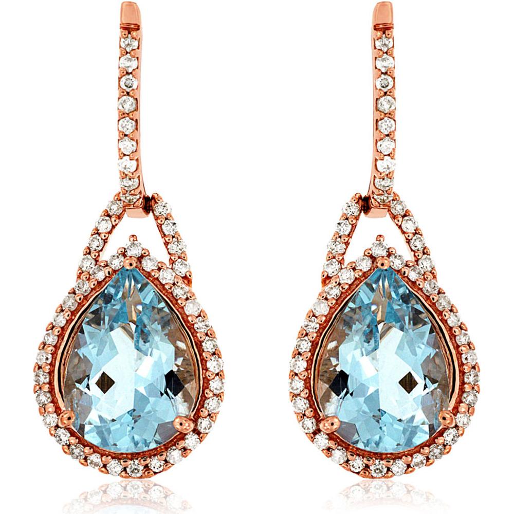 14K Rose Gold Aquamarine & Diamond Drop Earrings - 3.10 Carats Aquamarine, 0.80 Carats Diamond Total Weight