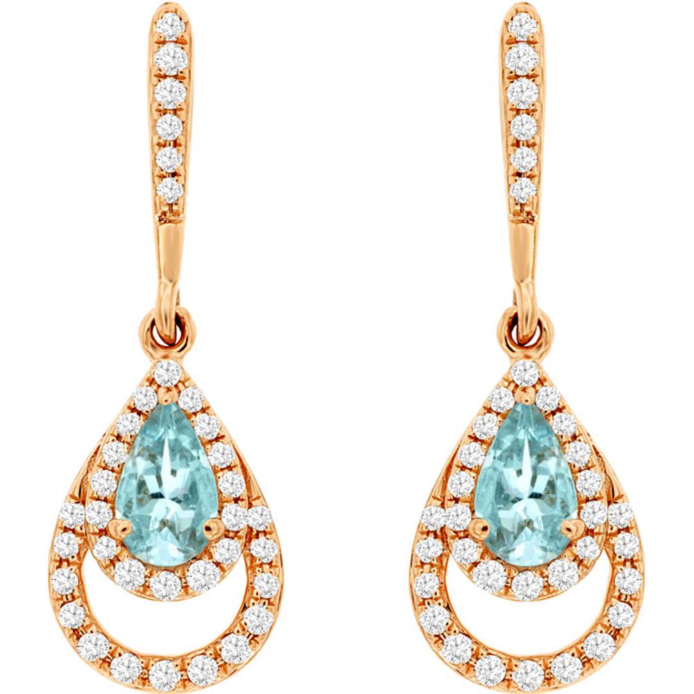 14K Rose Gold Aquamarine & Diamond Drop Earrings with Pear-Shaped Aquamarine and Diamond Halo - 0.52 Carats Total Aquamarine Weight, 0.20 Carats Total Diamond Weight