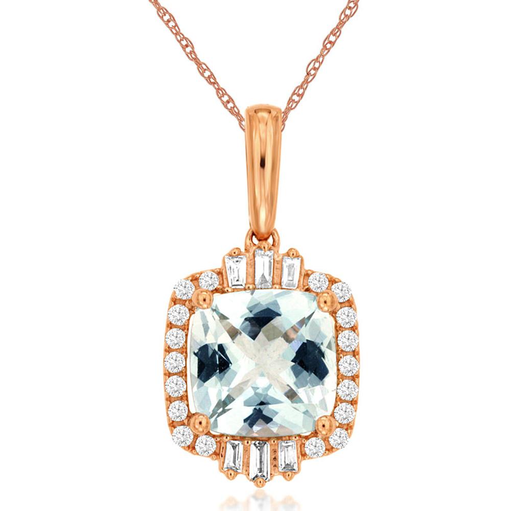 14K Rose Gold Aquamarine and Diamond Pendant Necklace with Cushion Cut Aquamarine - 1.90 Carat Aquamarine and 0.18 Carat Total Diamond Weight - Royal Jewelry