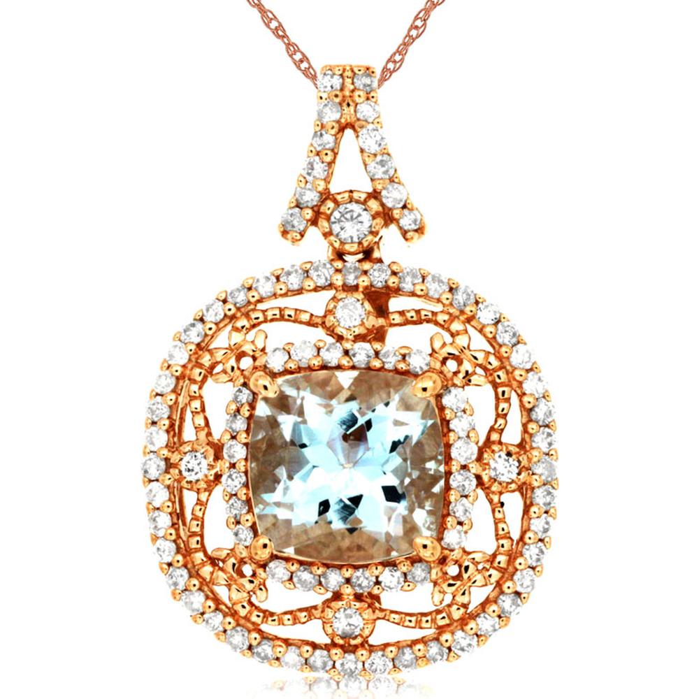 14K Rose Gold Aquamarine & Diamond Pendant with Cushion Cut Aquamarine - 1.78 Carats Total Gem Weight