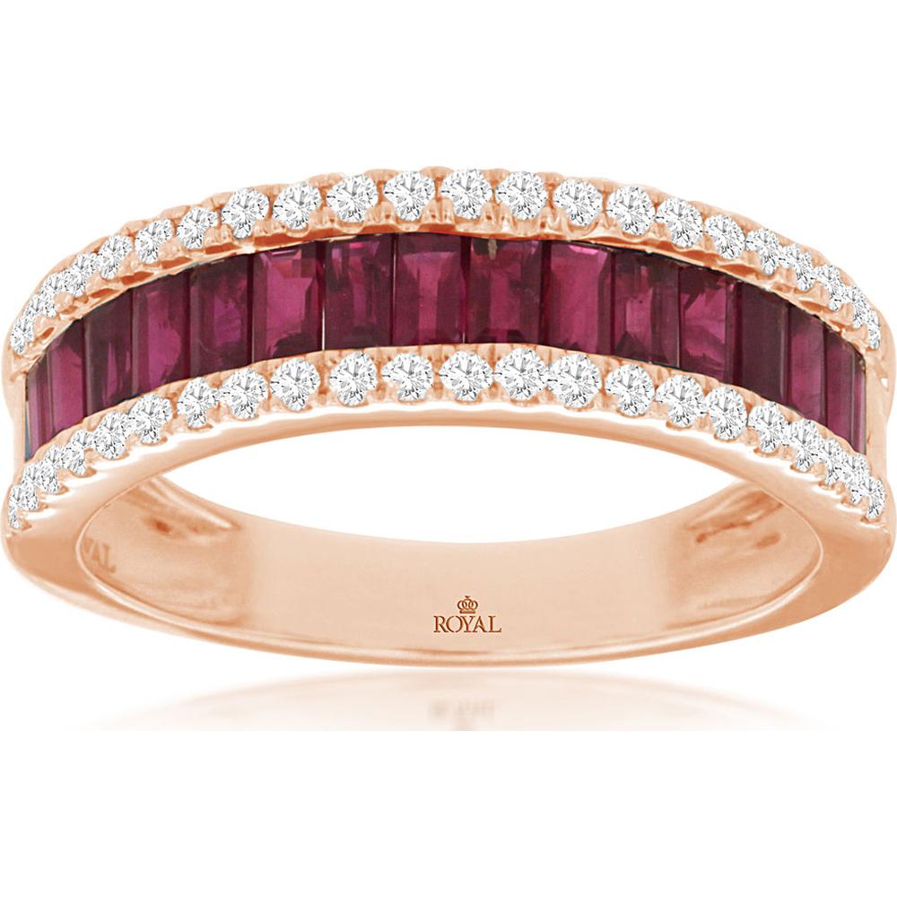 14K Rose Gold Baguette-Cut Ruby & Round Diamond Band Ring - 1.48 Carat Ruby Total Weight, 0.33 Carat Diamond Total Weight - Royal Jewelry