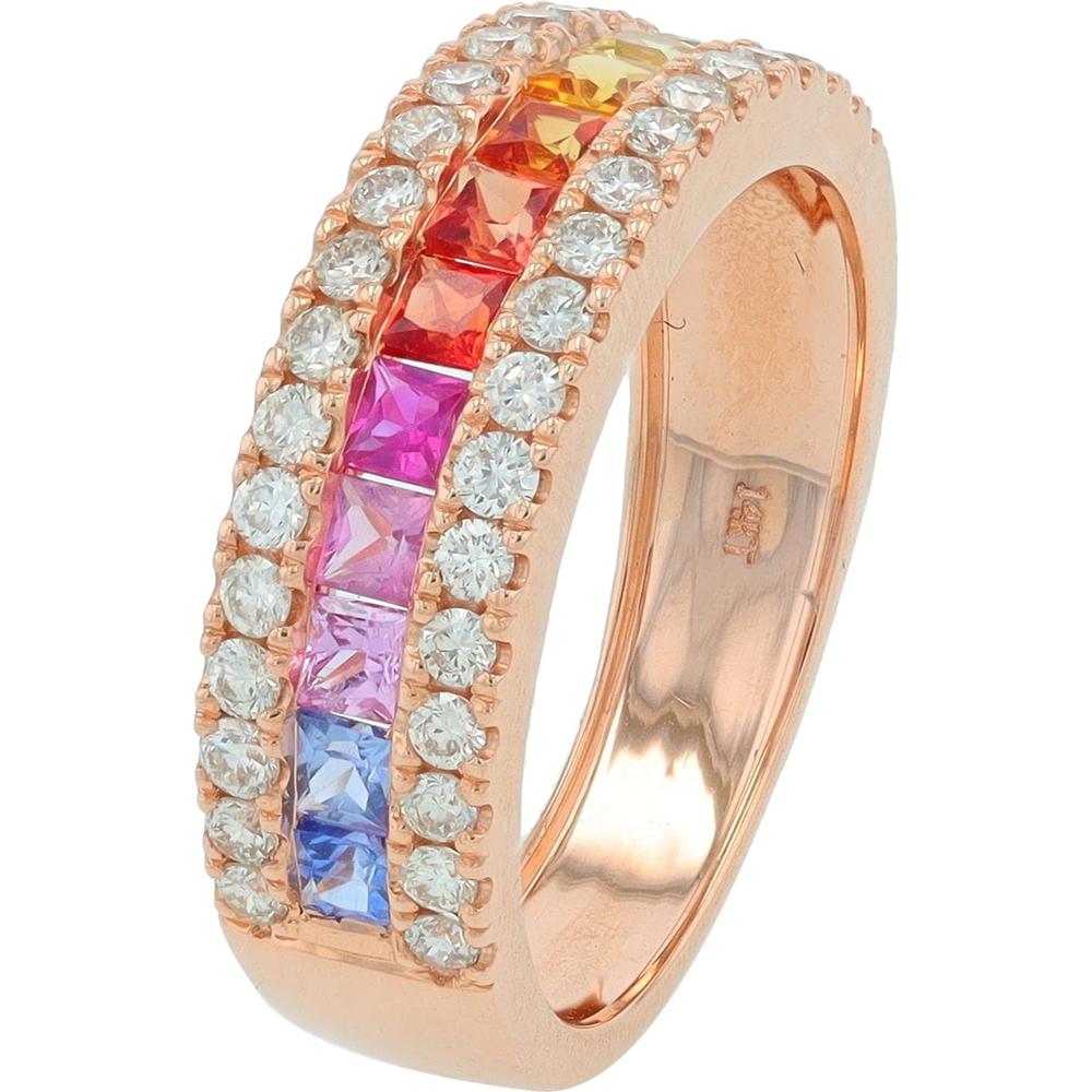 14K Rose Gold Band with Channel-Set Multicolor Sapphires and Round Diamond Accents - 1.65 Carats Total Weight
