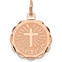 14K Rose Gold Baptism Cross Round Disc Pendant Charm by Oro Pregiato