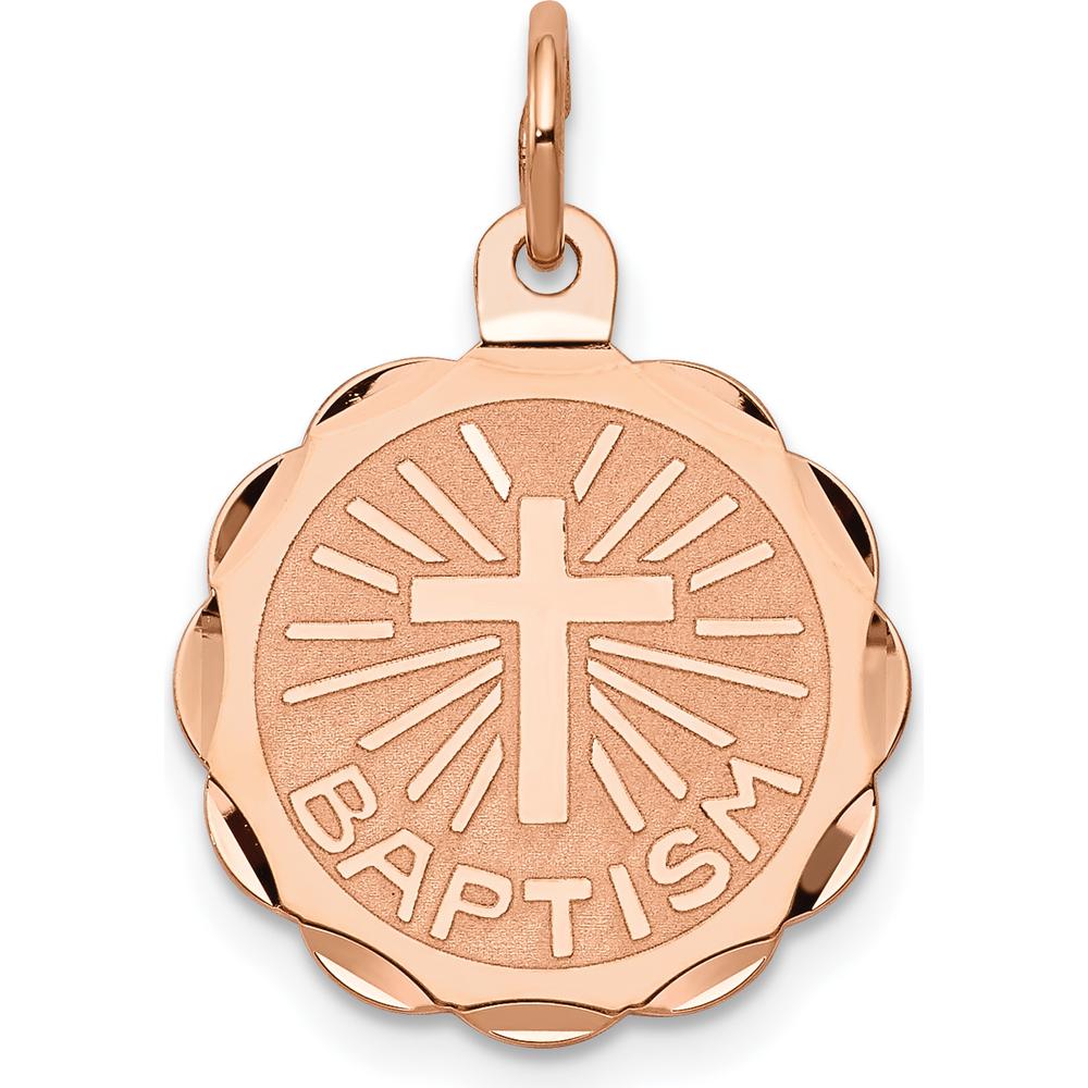 14K Rose Gold Baptism Cross Round Disc Pendant Charm by Oro Pregiato