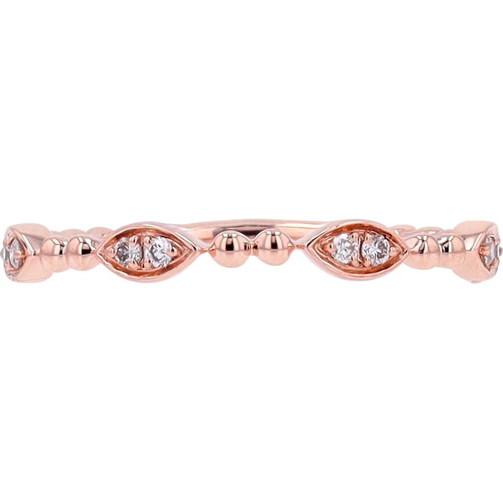 14K Rose Gold Beaded Band with Marquise Motif and Round Diamonds - 0.06 Carat Total Diamond Weight