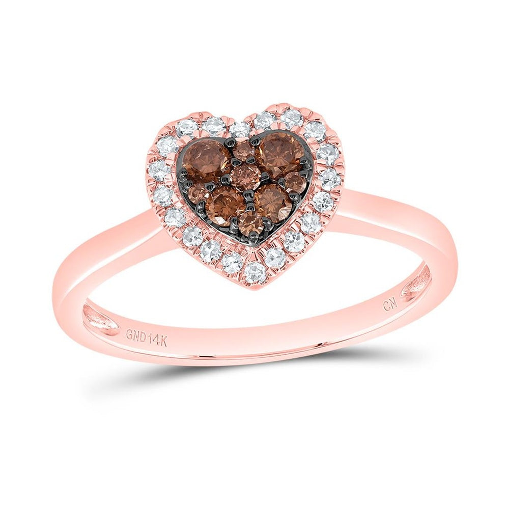 14K Rose Gold Brown and White Diamond Heart Ring - 1/3 Carat Total Diamond Weight