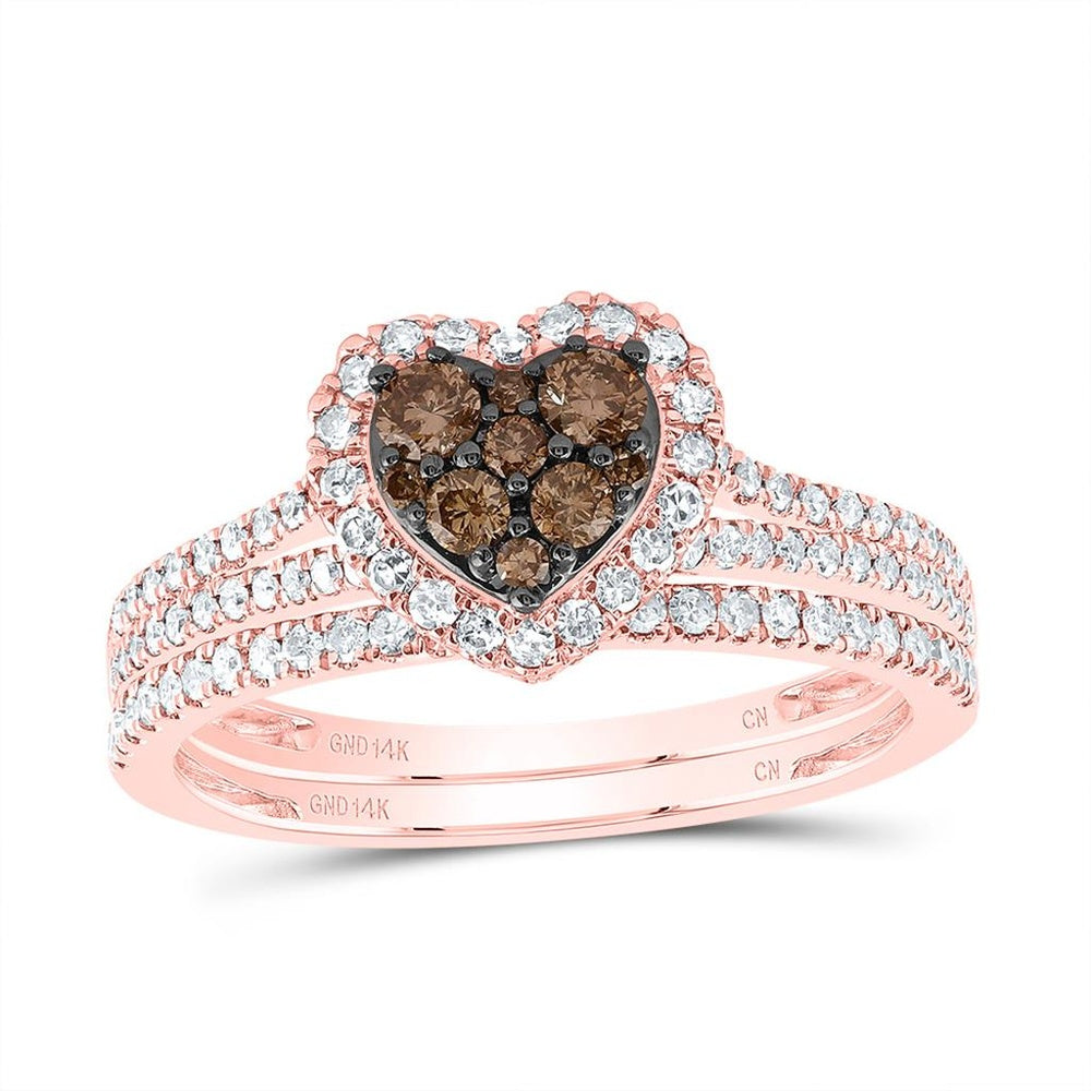 14K Rose Gold Brown and White Diamond Heart Ring - 3/4 Carat Total Diamond Weight