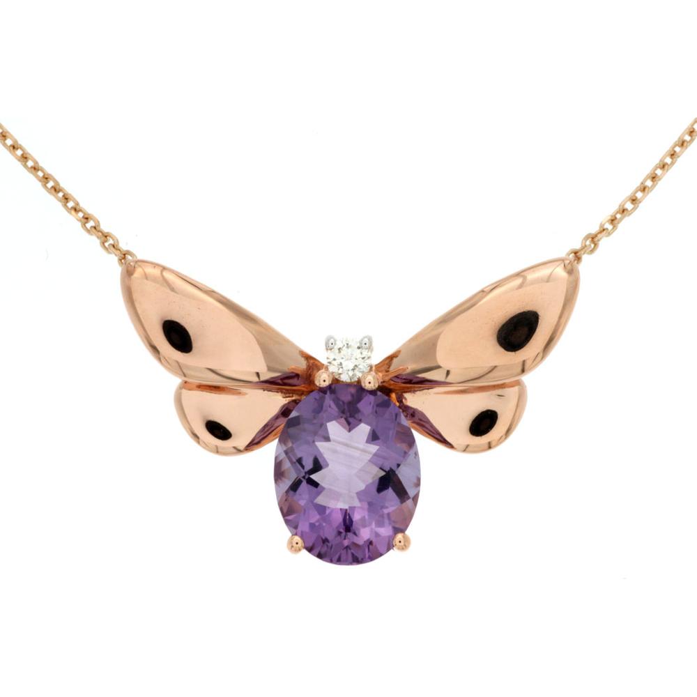 14K Rose Gold Butterfly Motif Pendant Necklace with 2.10 Carat Oval Amethyst and 0.06 Carat Diamond Accent - Royal Jewelry