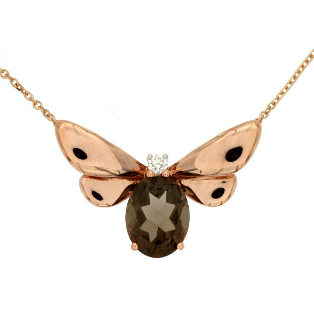14K Rose Gold Butterfly Motif Pendant Necklace with Oval Smoky Quartz and Diamond Accent - 2.20 Carat Smoky Quartz and 0.06 Carat Total Diamond Weight - Royal Jewelry