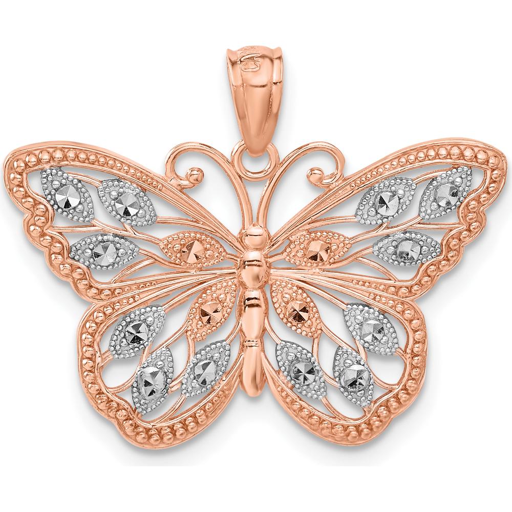 14K Rose Gold Butterfly Pendant with Diamond-Cut Textured Design - Polished Finish by Oro Pregiato