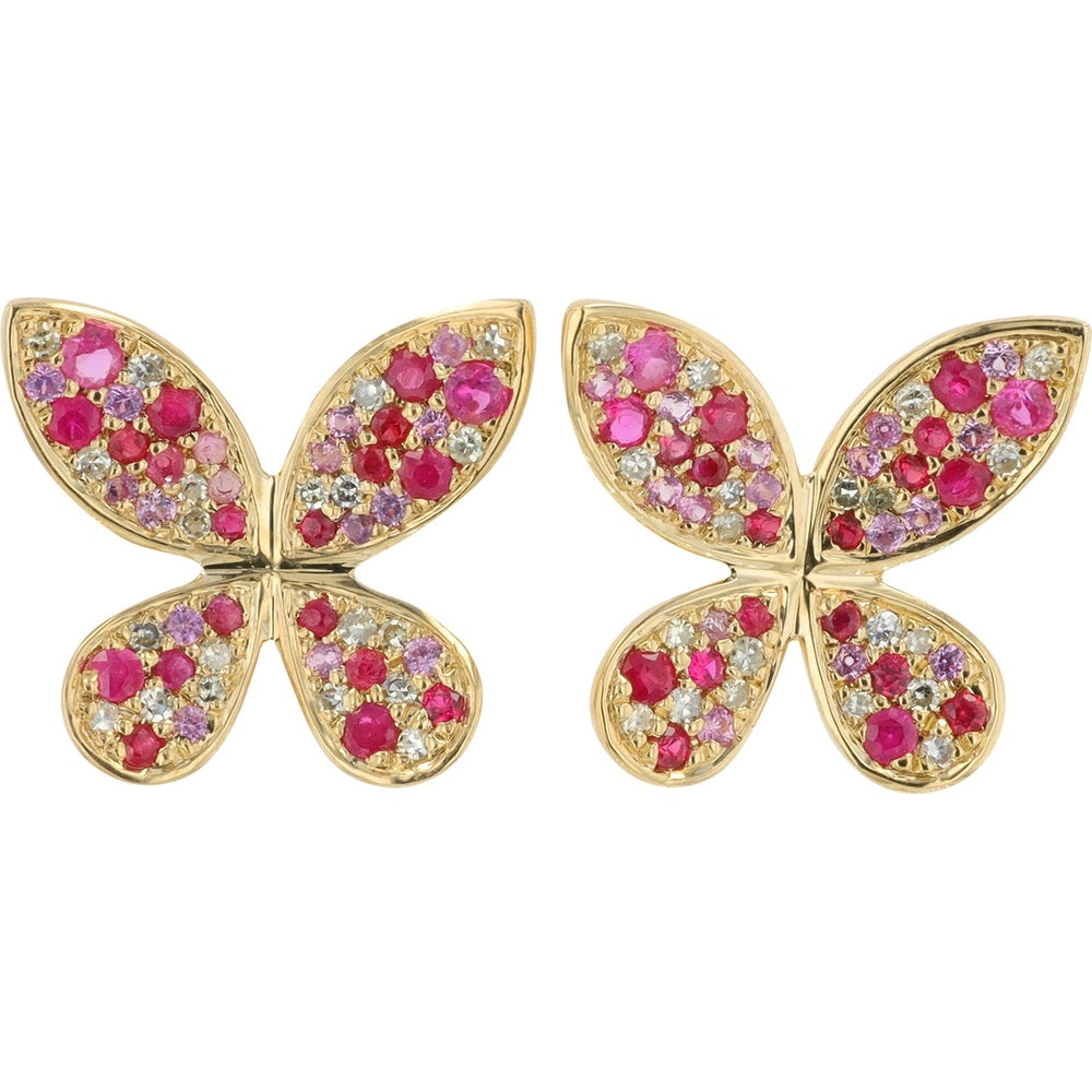 14K Rose Gold Butterfly Stud Earrings with Pink Sapphire, Ruby, and Diamond Accents - 0.62 Carat Total Gem Weight