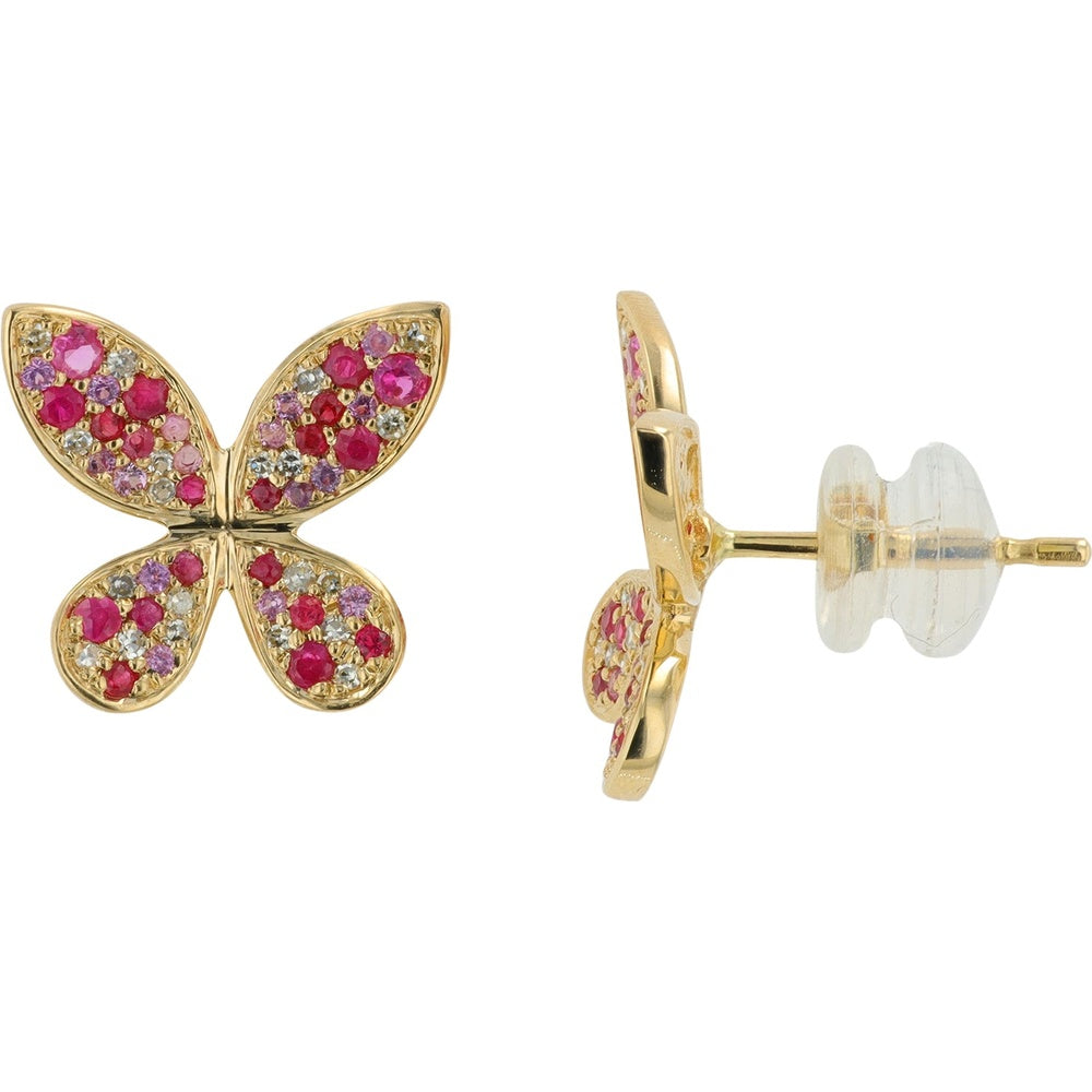 14K Rose Gold Butterfly Stud Earrings with Pink Sapphire, Ruby, and Diamond Accents - 0.62 Carat Total Gem Weight