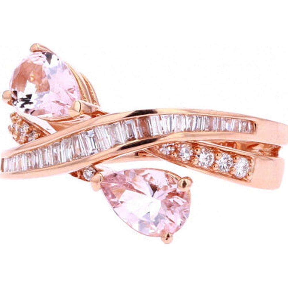 14K Rose Gold Bypass Morganite Ring with Round Diamonds - 1.65 Carat Morganite, 0.42 Carat Total Diamond Weight