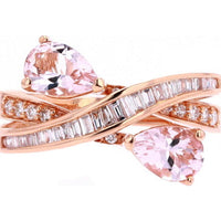14K Rose Gold Bypass Ring with 1.65 Carat Pear - Shaped Morganites and 0.42 Carat Baguette and Round Diamond Accents