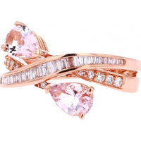 14K Rose Gold Bypass Ring with 1.65 Carat Pear - Shaped Morganites and 0.42 Carat Baguette and Round Diamond Accents