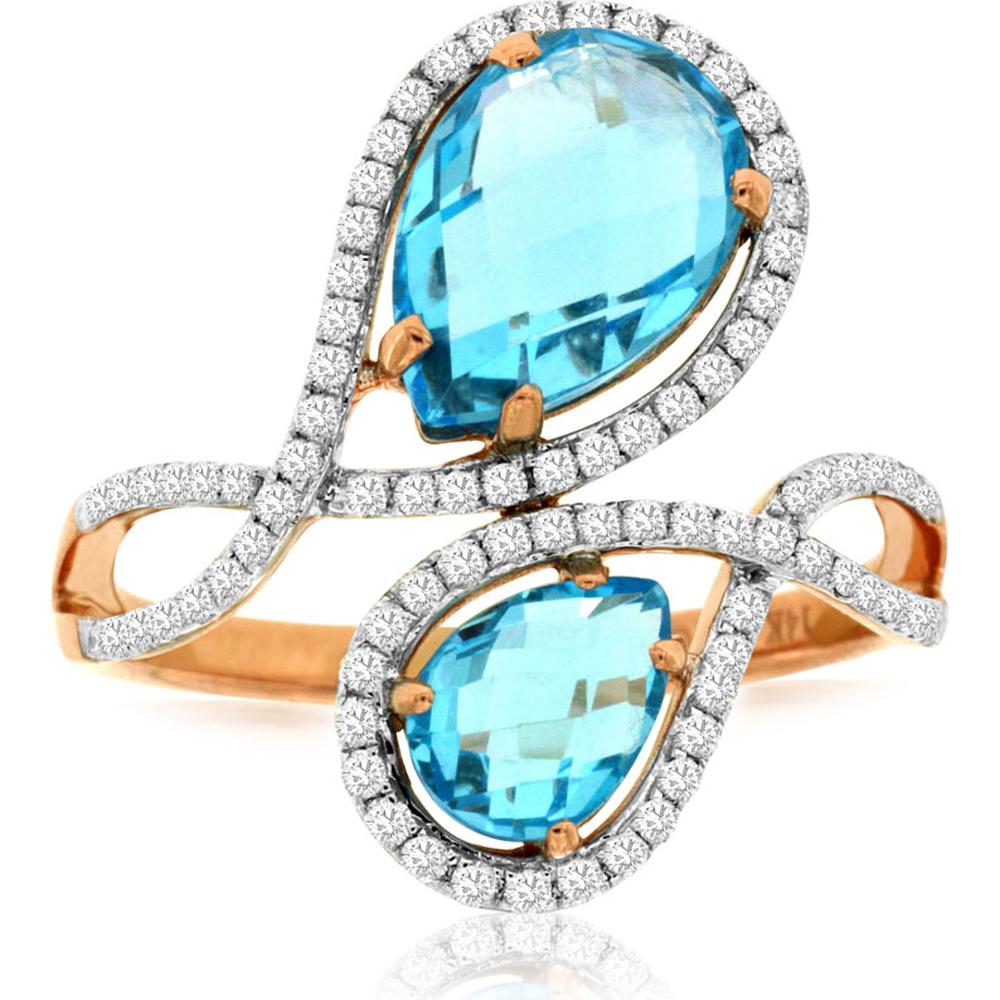 14K Rose Gold Bypass Ring with Pear-Cut Blue Topaz (3.00 ct) and Diamond Halo (0.35 ct) – Free-Form Design - Royal Jewelry