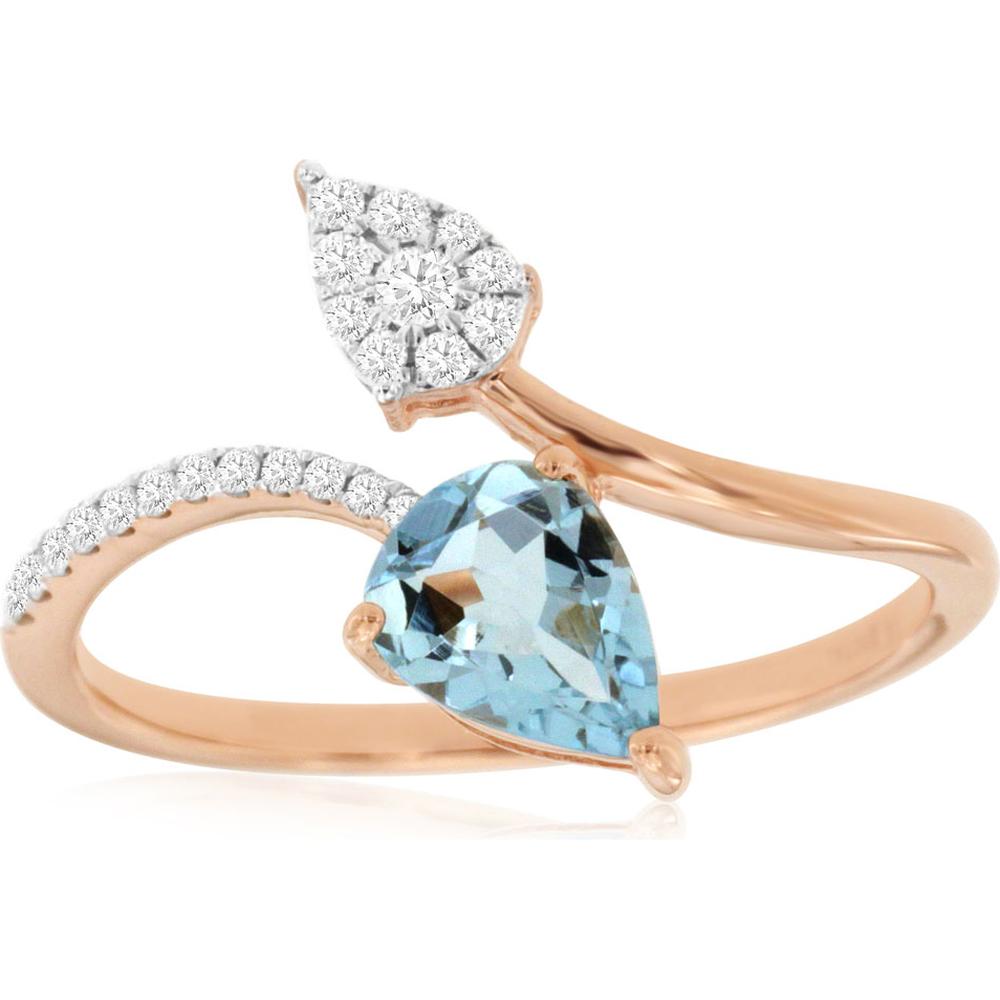 14K Rose Gold Bypass Ring with Pear-Shaped Aquamarine (0.65ct) and Diamond Cluster (0.12ct) - Royal Jewelry