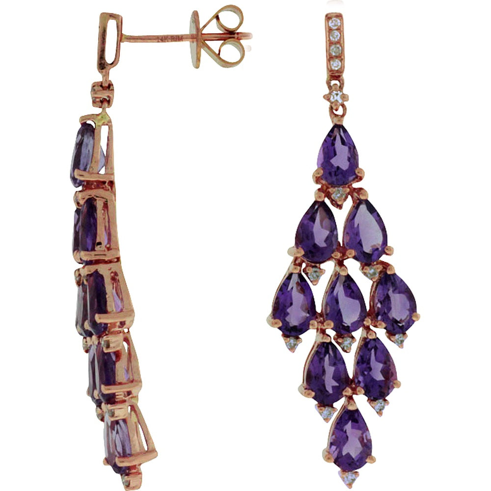 14K Rose Gold Chandelier Drop Earrings with Pear-Shaped Amethysts and Round Diamond Accents - 6.50 Carat Total Amethyst Weight and 0.22 Carat Total Diamond Weight - Royal Jewelry