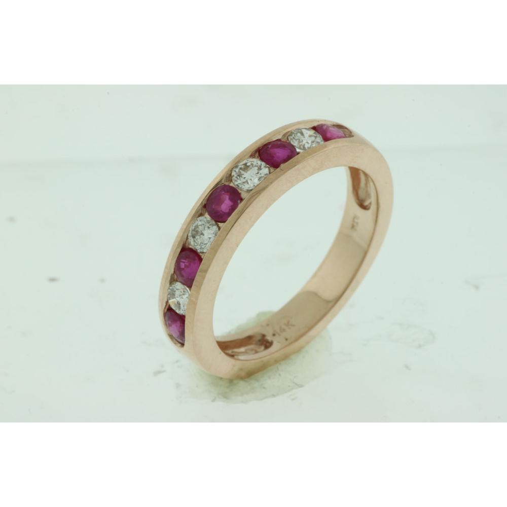 14K Rose Gold Channel Set Band with Round Rubies and Diamonds - 0.45 Carat Ruby Total Weight, 0.34 Carat Diamond Total Weight - Royal Jewelry