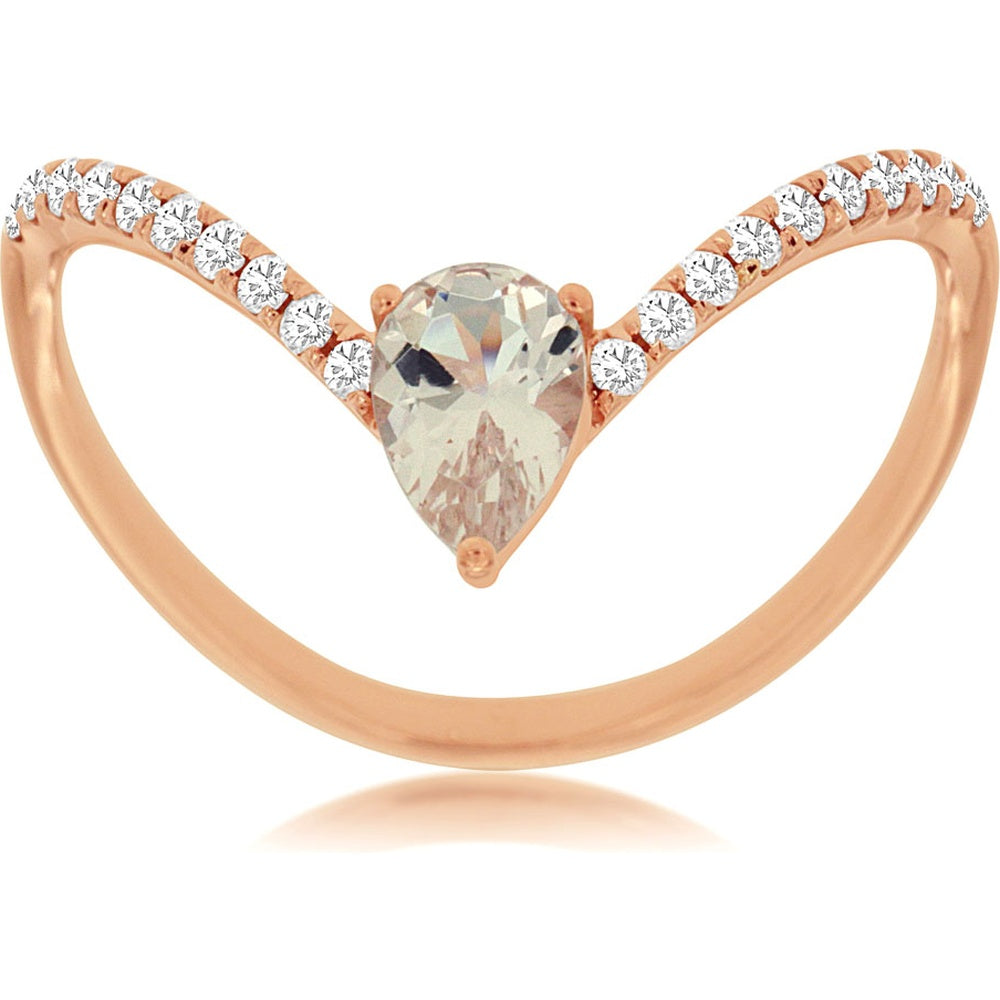 14K Rose Gold Chevron Ring with Pear-Shaped Morganite and Pavé-Set Round Diamonds - 0.35 Carat Morganite and 0.14 Carat Total Diamond Weight - Royal Jewelry