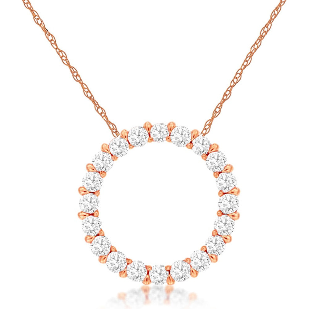 14K Rose Gold Circle Pendant Necklace with Shared-Prong Set Round Diamonds - 0.25 Carat Total Diamond Weight - Royal Jewelry