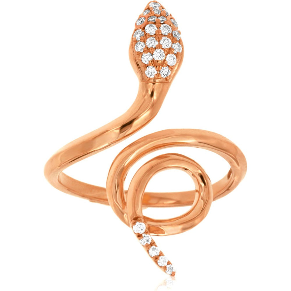 14K Rose Gold Coiled Snake Ring with Pavé-Set Round Diamonds - 0.18 Carat Total Diamond Weight - Royal Jewelry