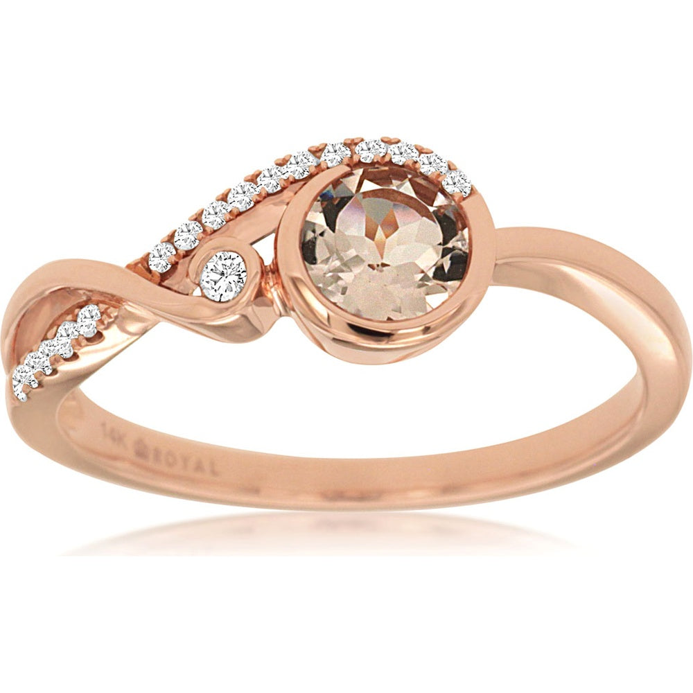 14K Rose Gold Contemporary Bezel-Set Round Morganite Ring with Sweeping Diamond Accents - 0.40 Carat Morganite and 0.10 Carat Total Diamond Weight - Royal Jewelry