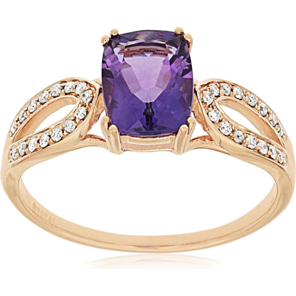 14K Rose Gold Contemporary Split Shank Ring with 1.30 Carat Cushion Cut Amethyst and 0.12 Carat Round Diamond Accents - Royal Jewelry