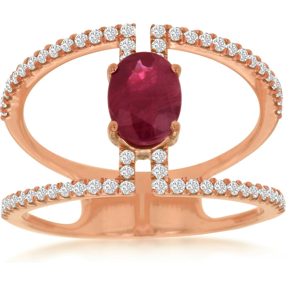 14K Rose Gold Contemporary Split Shank Ring with Oval Ruby and Pavé Set Round Diamonds - 0.90 Carat Ruby and 0.35 Carat Total Diamond Weight - Royal Jewelry