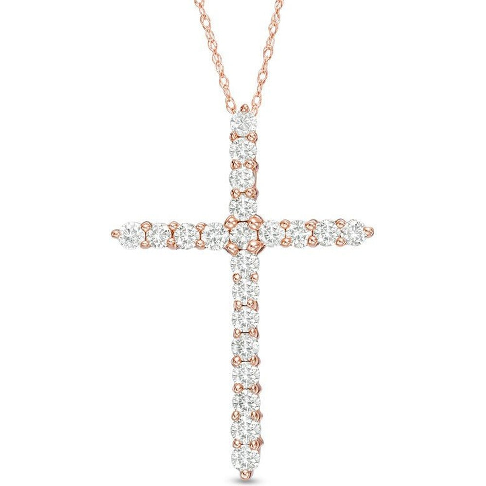 14K Rose Gold Cross Pendant with Prong Set Round Diamonds - 1.05 Carat Total Diamond Weight by Auriventus