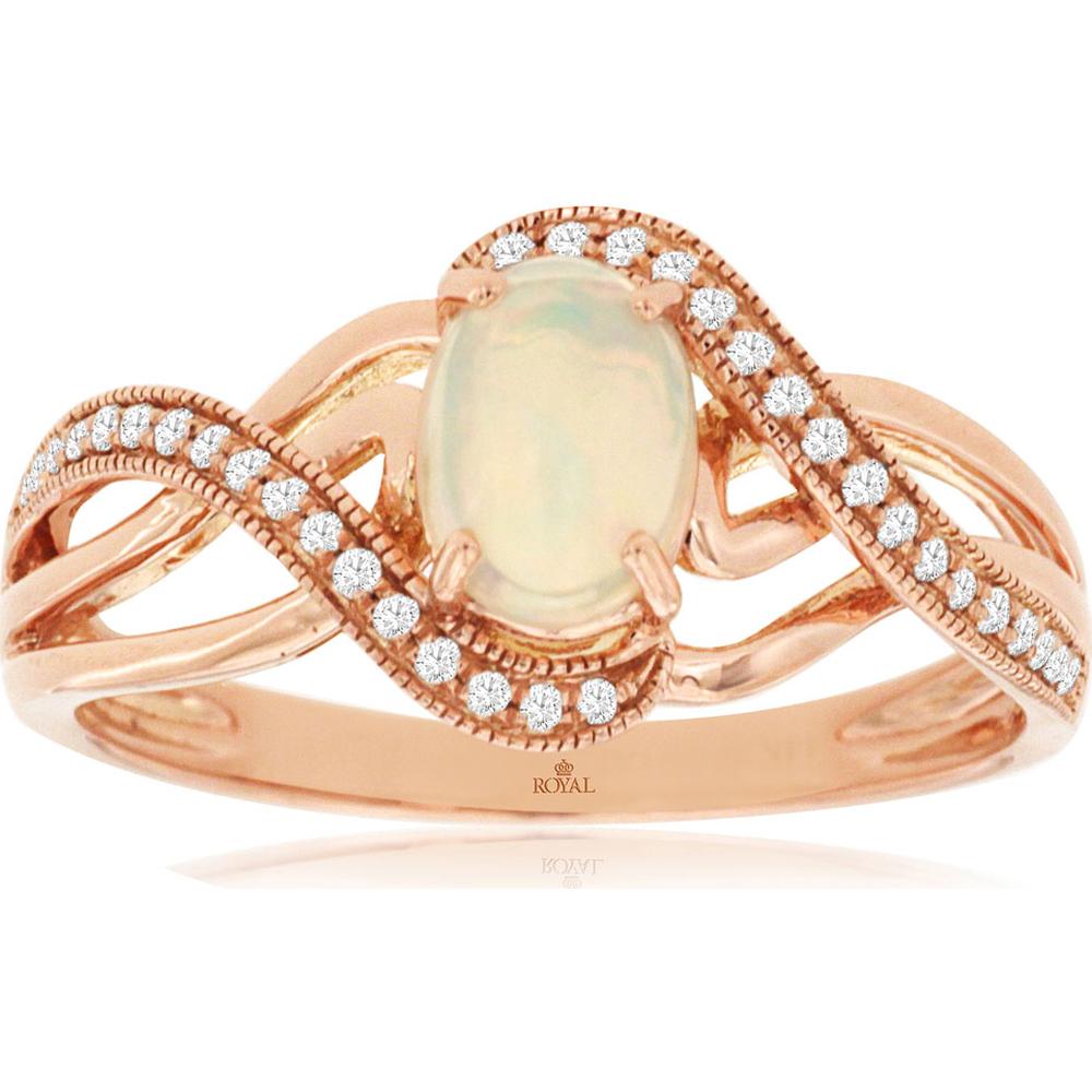 14K Rose Gold Crossover Ring with Oval Opal and Diamond Accents - 0.50 Carat Opal, 0.10 Carat Total Diamond Weight - Royal Jewelry