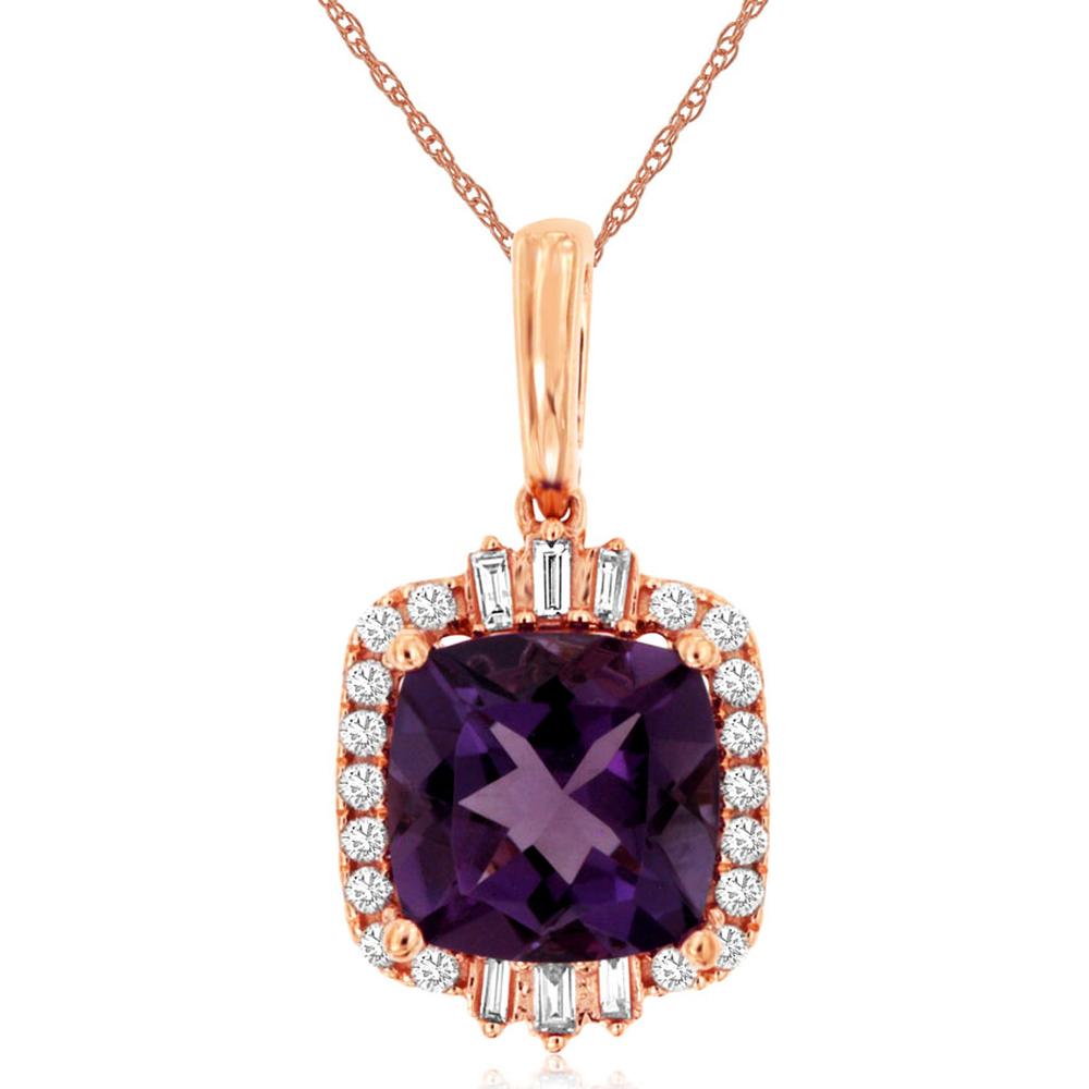 14K Rose Gold Cushion Amethyst and Diamond Halo Pendant with Baguette Diamond Accents - 1.90 Carat Amethyst and 0.18 Carat Total Diamond Weight - Royal Jewelry