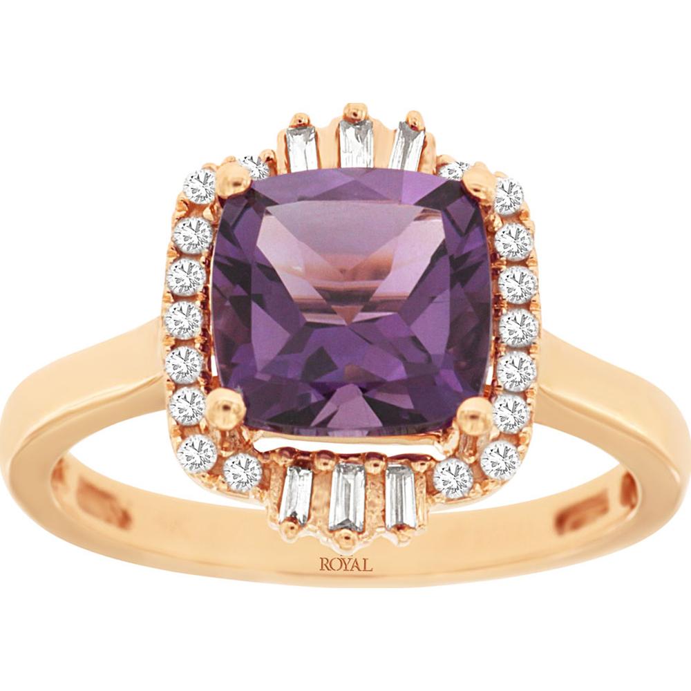 14K Rose Gold Cushion Cut Amethyst and Diamond Halo Ring with Baguette and Round Accents - 1.90 Carat Amethyst, 0.21 Carat Total Diamond Weight - Royal Jewelry