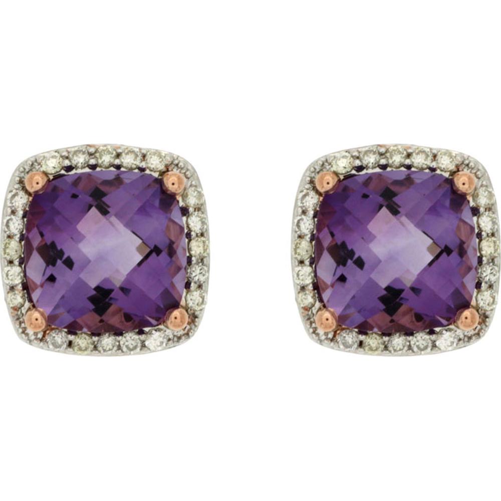 14K Rose Gold Cushion Cut Amethyst & Diamond Stud Earrings - 2.8 Carats Total Amethyst Weight