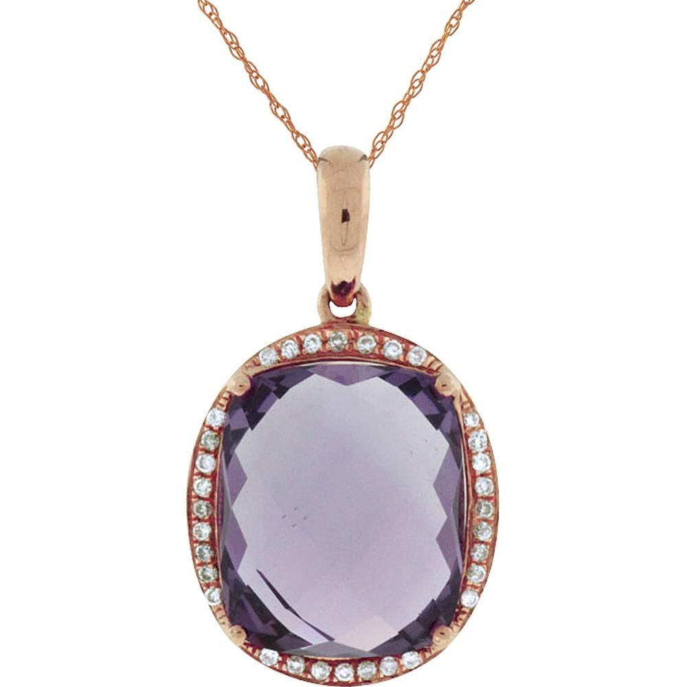 14K Rose Gold Cushion Cut Amethyst & Round Diamond Halo Pendant - 5.80 Carat Amethyst, 0.10 Carat Diamond Total Weight - Royal Jewelry