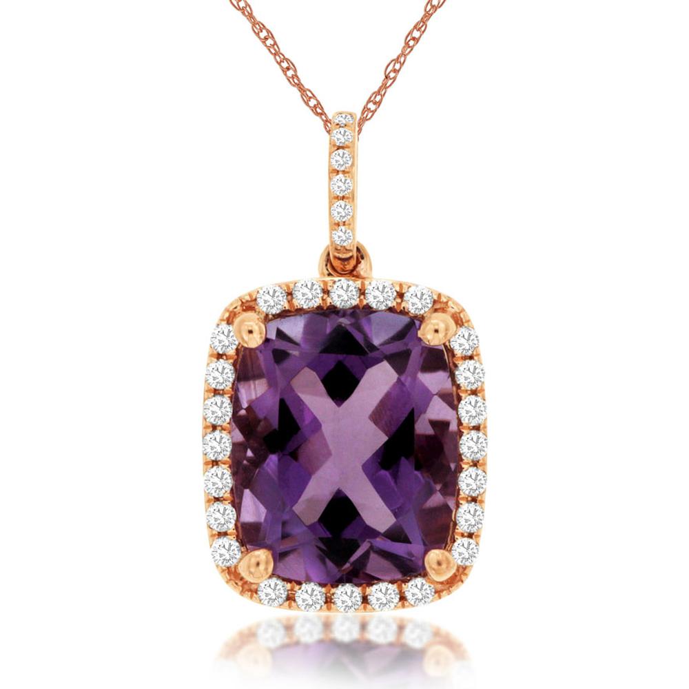14K Rose Gold Cushion Cut Amethyst Halo Pendant with Diamond Accents - 3.75 Carat Amethyst, 0.22 Carat Total Diamond Weight - Royal Jewelry
