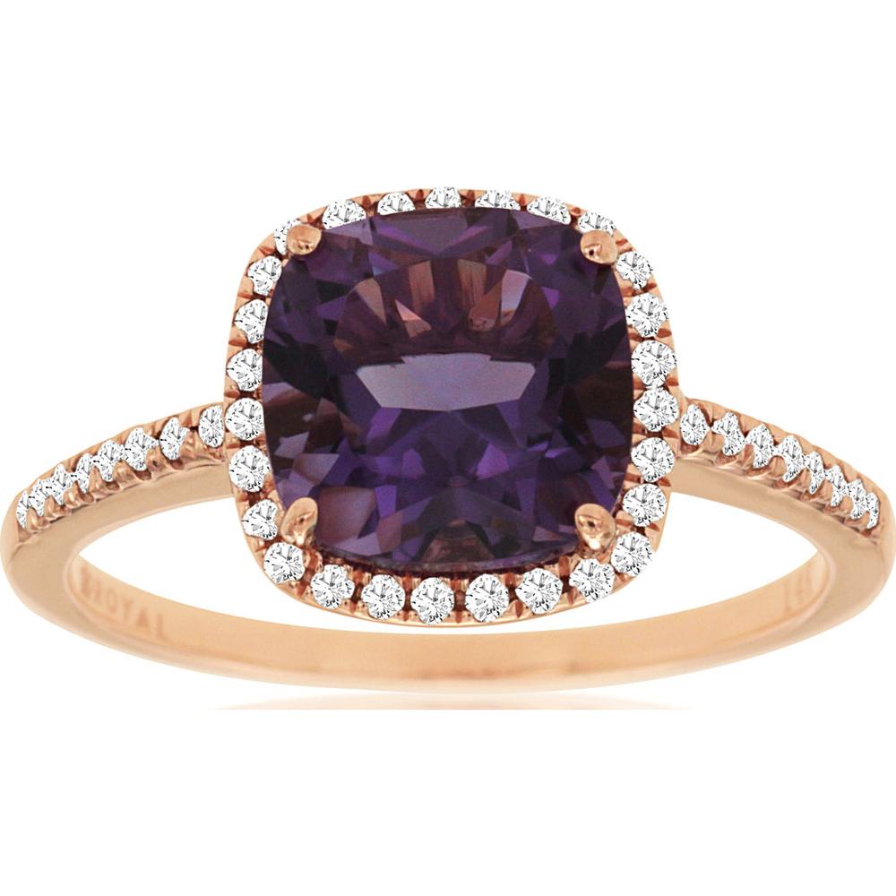14K Rose Gold Cushion Cut Amethyst Ring with Diamond Halo and Pavé Band - 1.90 Carat Amethyst, 0.18 Carat Total Diamond Weight - Royal Jewelry
