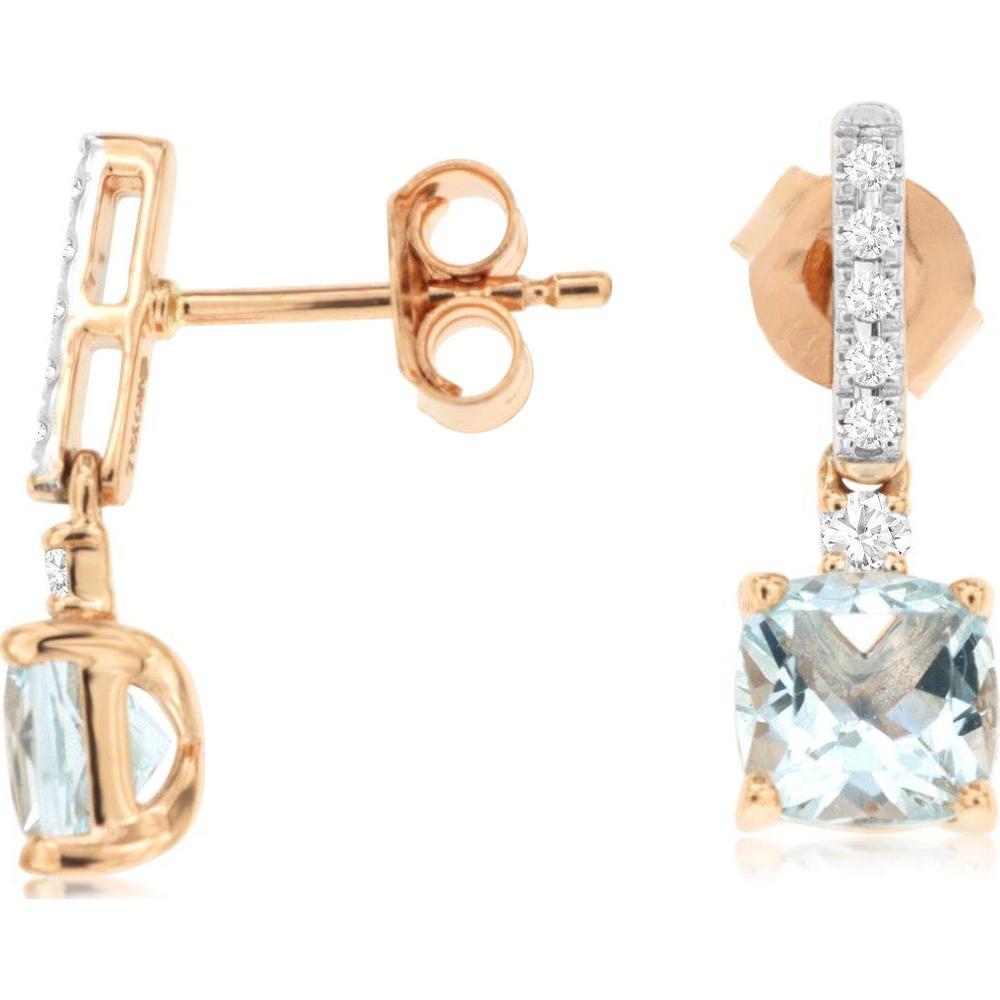 14K Rose Gold Cushion Cut Aquamarine and Diamond Drop Earrings - 1.68 Carat Total Aquamarine Weight, 0.14 Carat Total Diamond Weight - Royal Jewelry