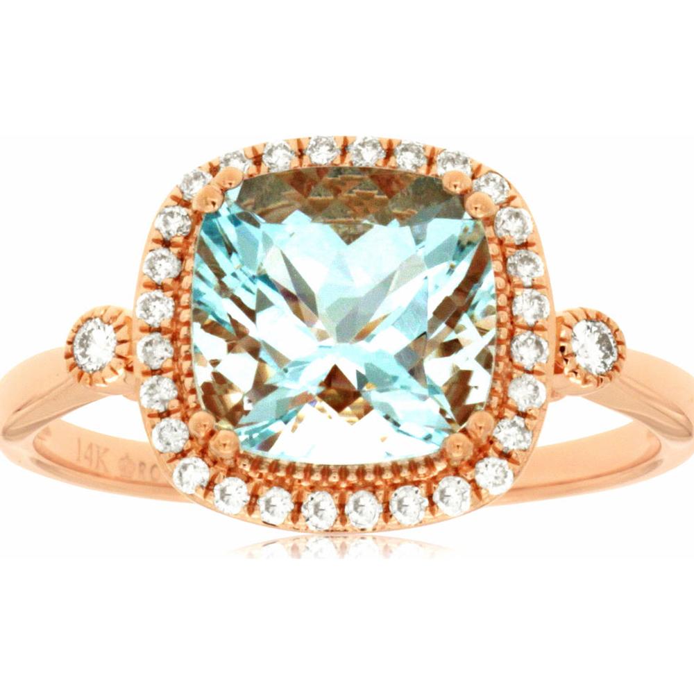 14K Rose Gold Cushion Cut Aquamarine & Diamond Halo Ring - 2.08 Carats Total Aquamarine and Diamond Weight