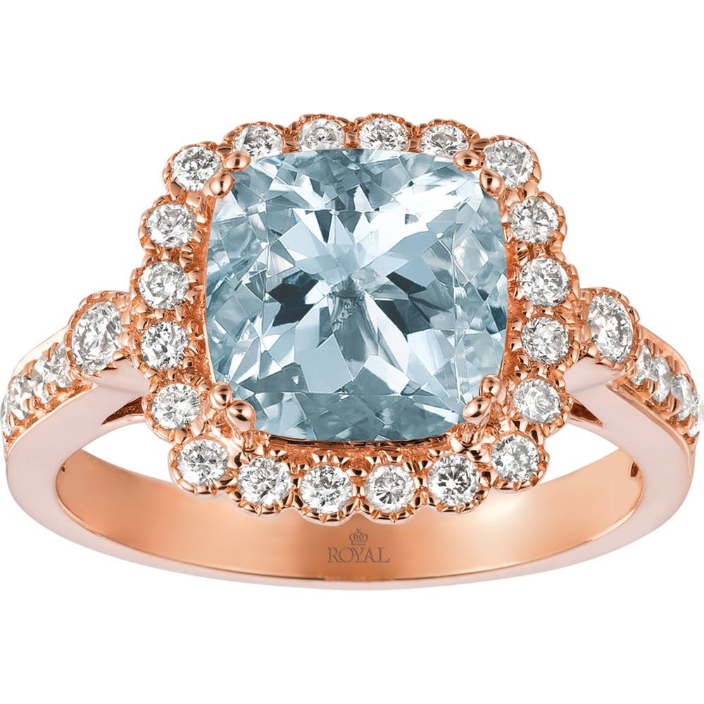 14K Rose Gold Cushion Cut Aquamarine and Diamond Halo Ring - 2.75 Carat Aquamarine, 0.50 Carat Diamond Total Weight - Royal Jewelry