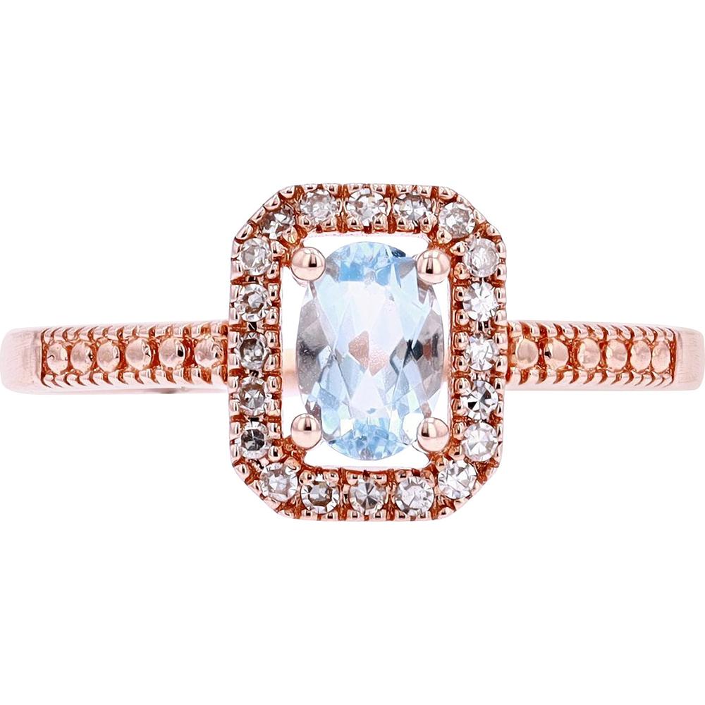 14K Rose Gold Cushion - Cut Aquamarine Halo Ring with 0.12 Carat Diamond Accents